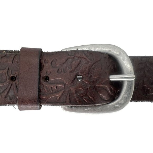 Women American Eagle dark brown Tooled Leather Belt small Embossed silver buckle - Picture 1 of 8